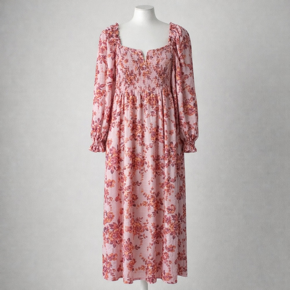 Free People Pink Floral Smocked Maxi Dress L Milkmaid Boho Slit